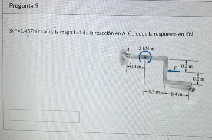 Si F=1,457N cual es la magnitud de la reacción en A. Coloque la respuesta en KN