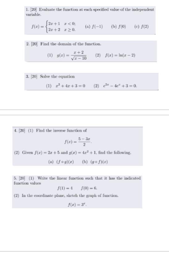 Solved 1. (20) Evaluate the function at each specified value | Chegg.com