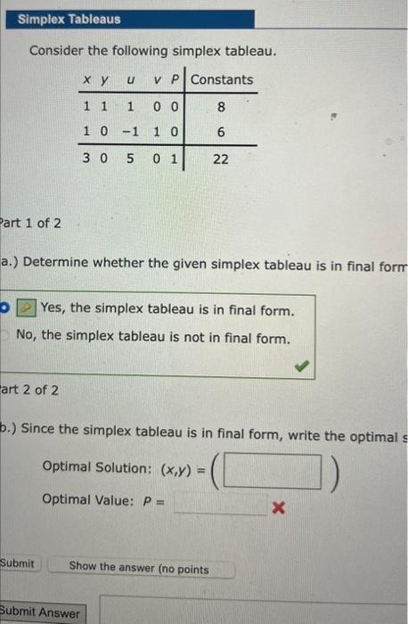 Solved Simplex Tableaus Consider The Following Simplex | Chegg.com