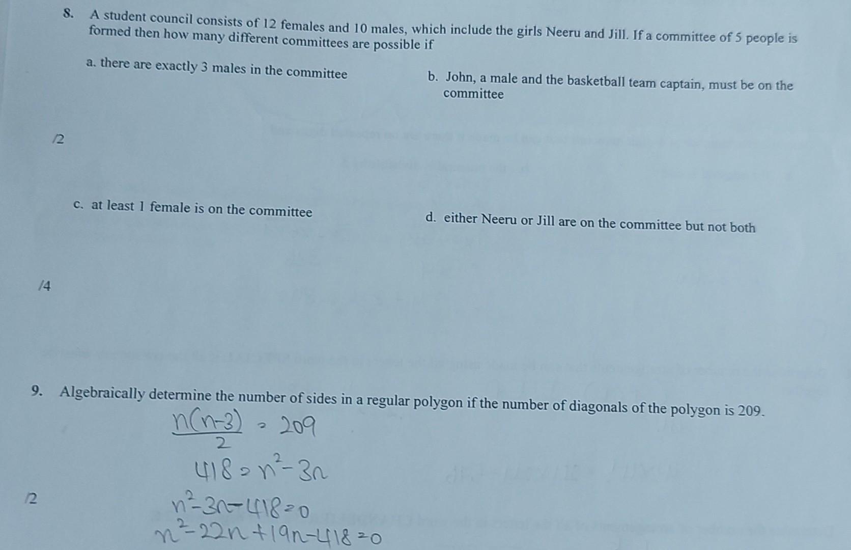 Solved 8. A student council consists of 12 females and 10 | Chegg.com