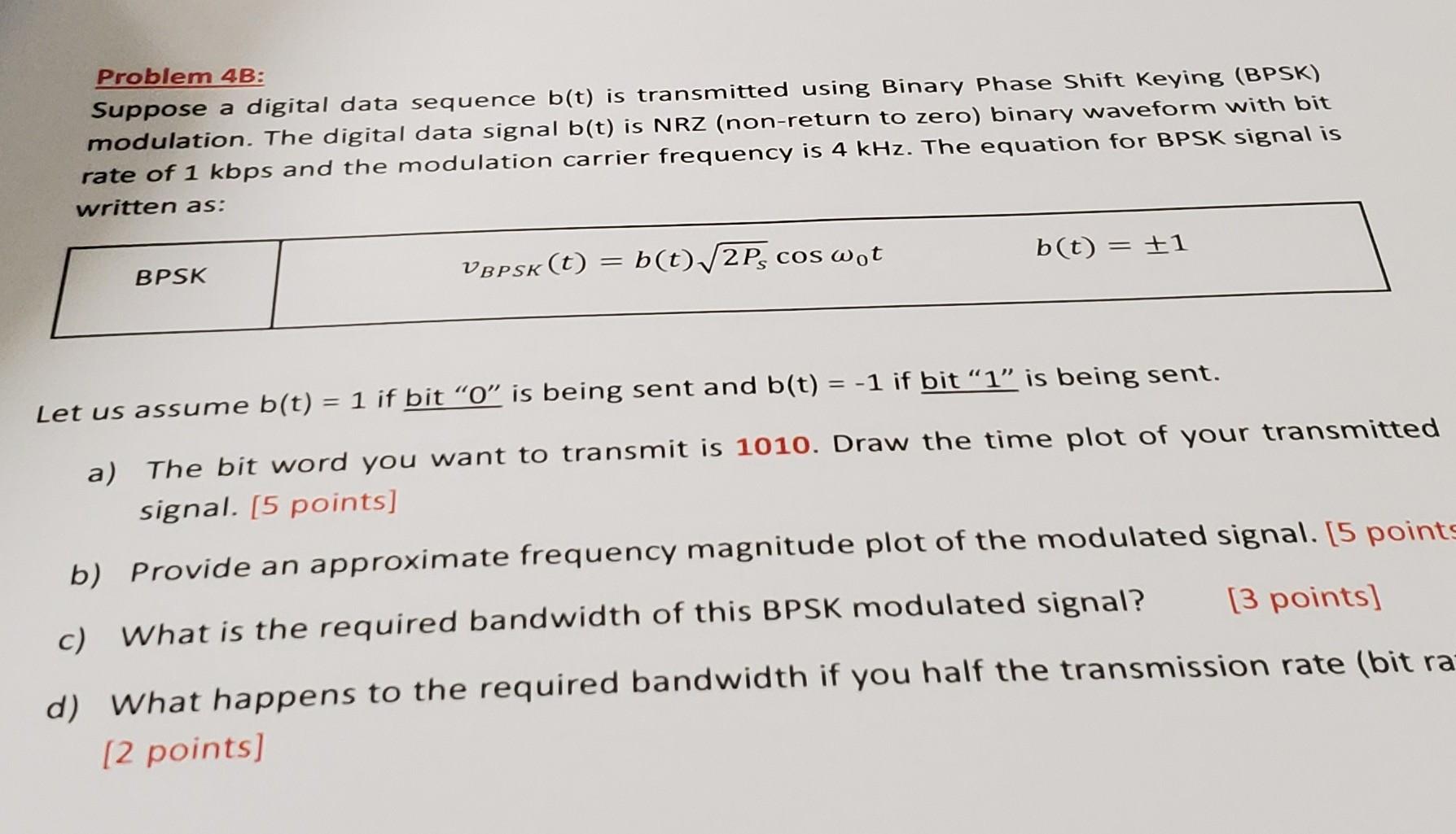 Solved Problem 4B: Suppose A Digital Data Sequence B(t) Is | Chegg.com