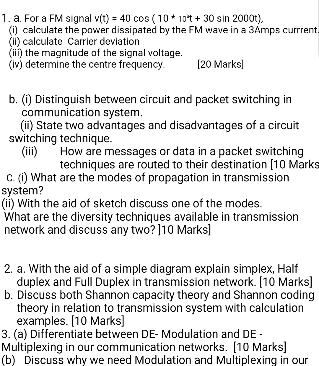 Solved 1. a. For a FM signal v(t) = 40 cos ( 10 * 108t + 30 | Chegg.com