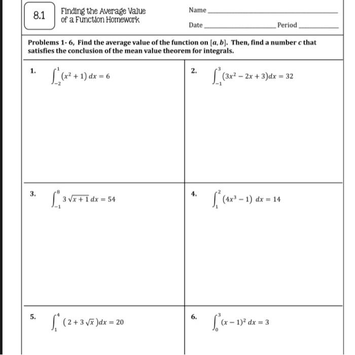 finding the average value of a function homework 8 1