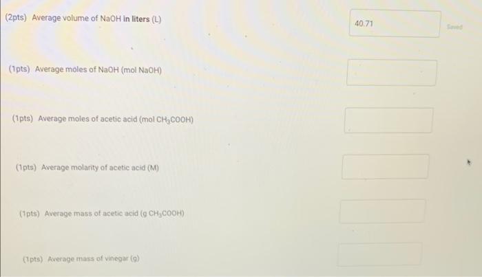 Average moles of NaOH, Average moles of acetic acid, | Chegg.com