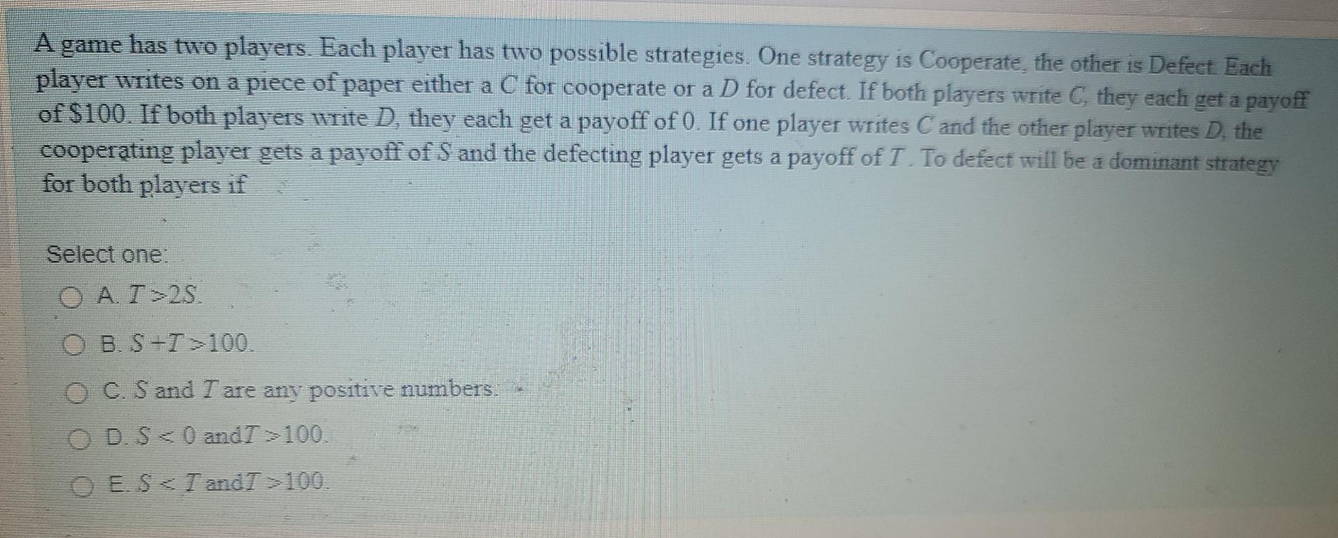 Solved A game has two players. Each player has two possible | Chegg.com
