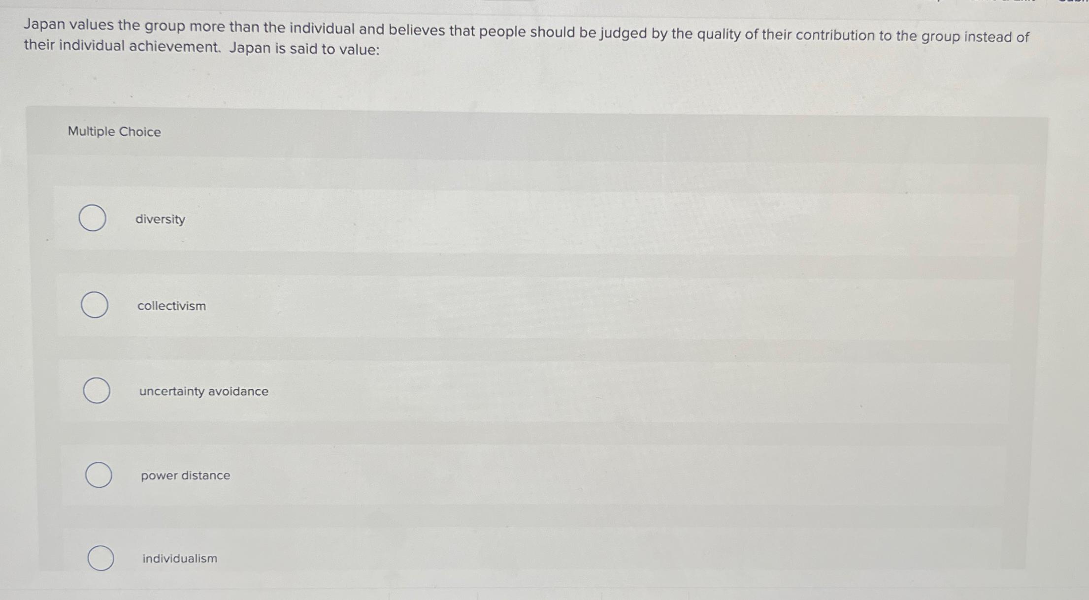 Solved Japan values the group more than the individual and | Chegg.com