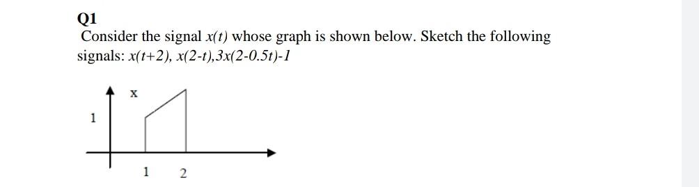 Consider the signal \( x(t) \) whose graph is shown below. Sketch the following signals: \( x(t+2), x(2-t), 3 x(2-0.5 t)-1 \)