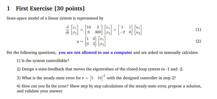1 ﻿First Exercise [30 ﻿points]State-space model of ﻿a | Chegg.com