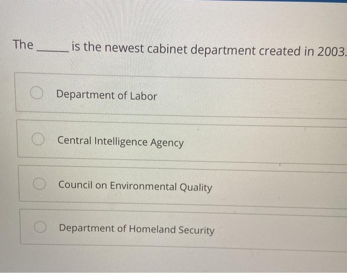 Solved The is the newest department created in 2003.