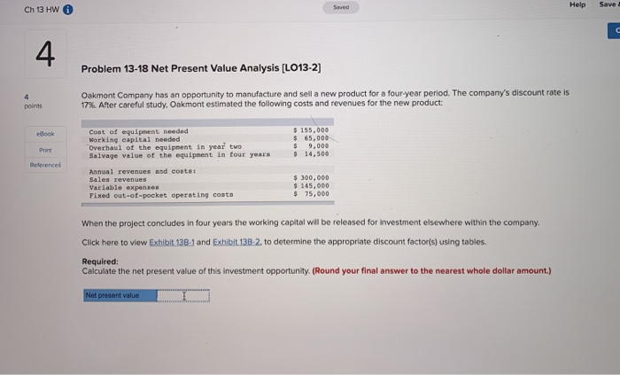 Solved Ch 13 Hw Help Save Problem 13 18 Net Present Value