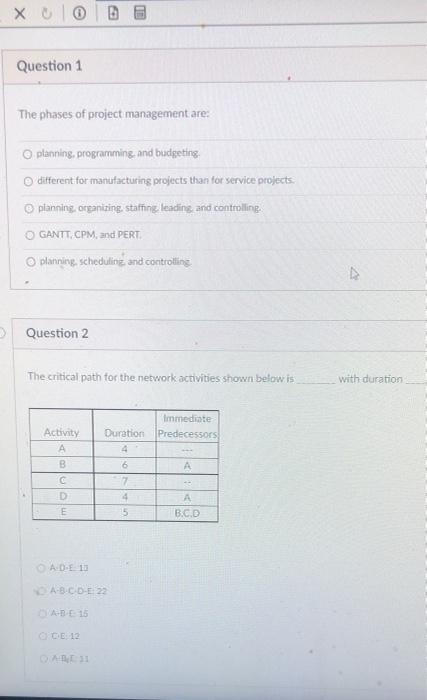 Solved X 0 0 Question 1 The phases of project management | Chegg.com