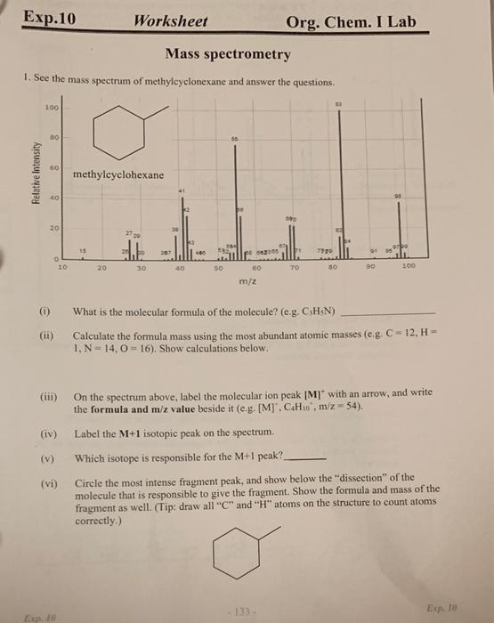 Solved Exp.10 Worksheet Org. Chem. I Lab Mass spectrometry | Chegg.com