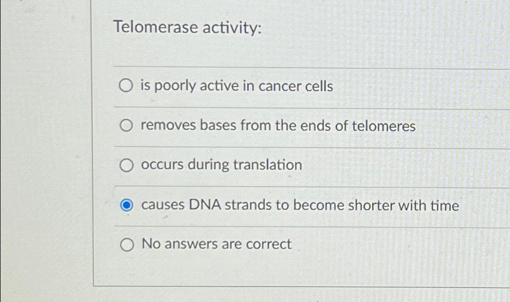 Solved Telomerase activity:is poorly active in cancer Biology Diagrams