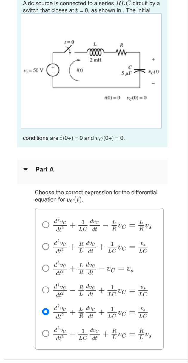 Solved A dc source is connected to a series RLC ﻿circuit by | Chegg.com