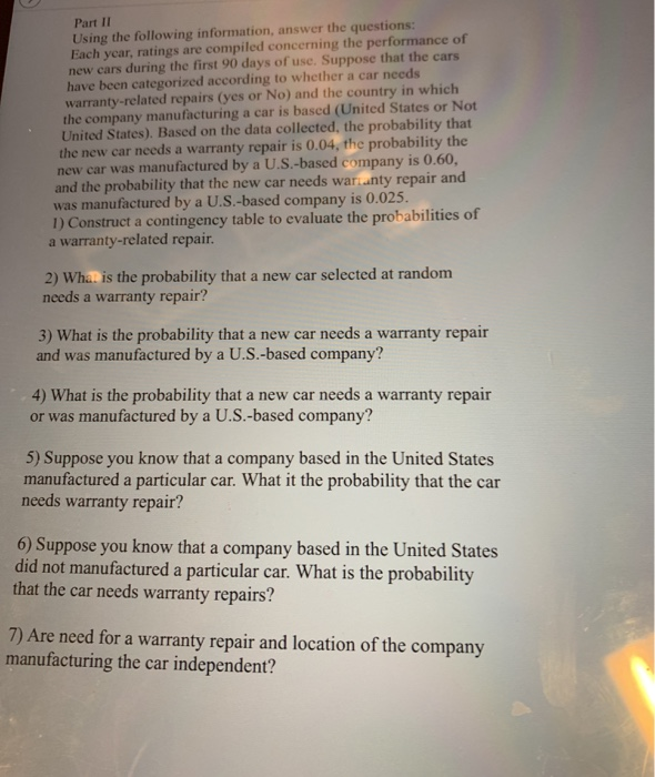 Solved Part II Using the following information, answer the | Chegg.com