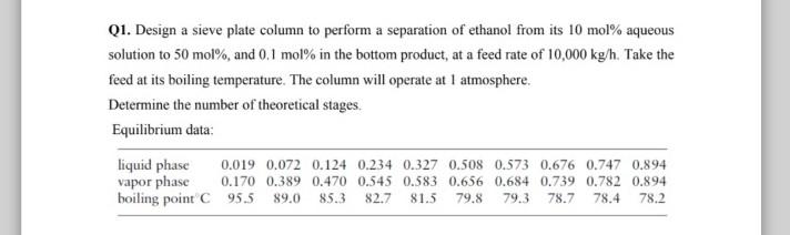 Q1. Design a sieve plate column to perform a separation of ethanol from its \( 10 \mathrm{~mol} \% \) aqueous solution to \( 