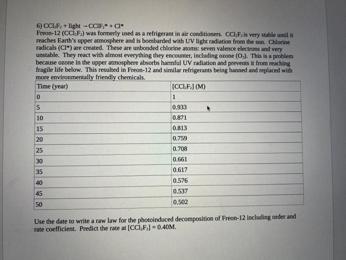 Solved 6) CCl2 F2+ light →CClF2∗+Cl∗ Freon-12 (CCl2 F2) was | Chegg.com