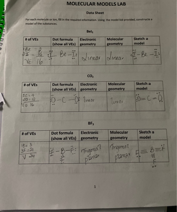 Solved MOLECULAR MODELS LAB Data Sheet For each molecule or