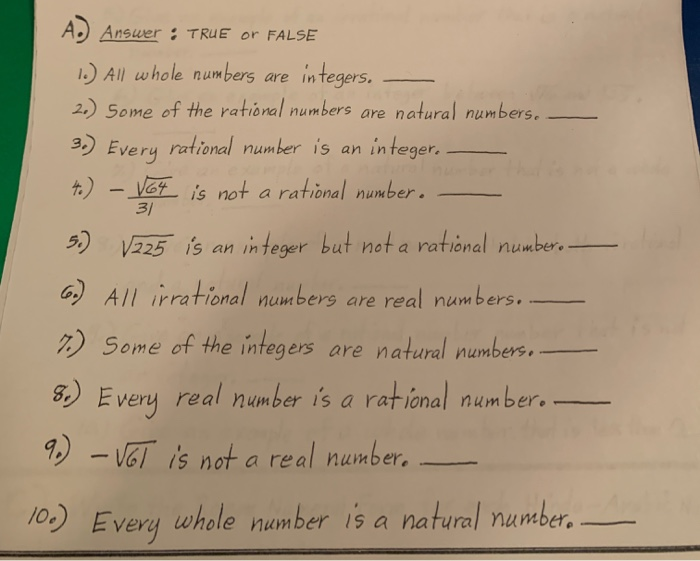 Solved A Answer TRUE Or FALSE 1 All Whole Numbers Are Chegg