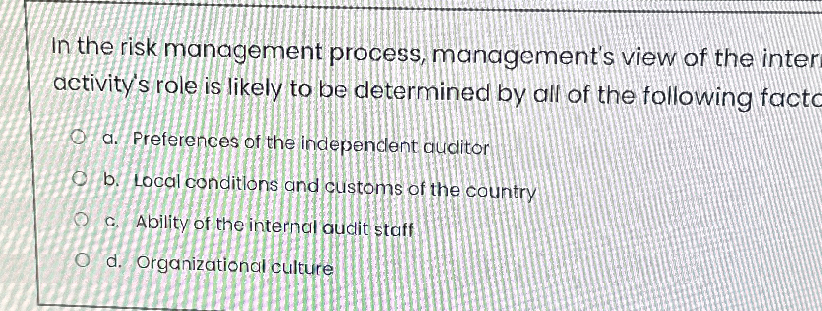Solved In the risk management process, management's view of | Chegg.com