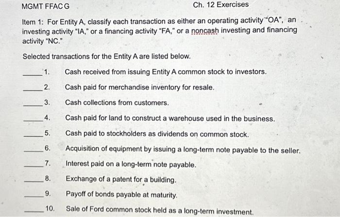 Solved Item 1: For Entity A, classify each transaction as | Chegg.com