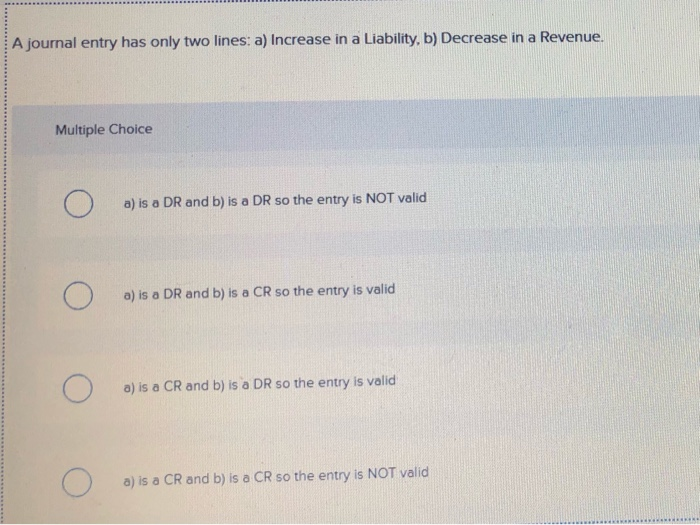 Solved A journal entry has only two lines: a) Decrease in a | Chegg.com
