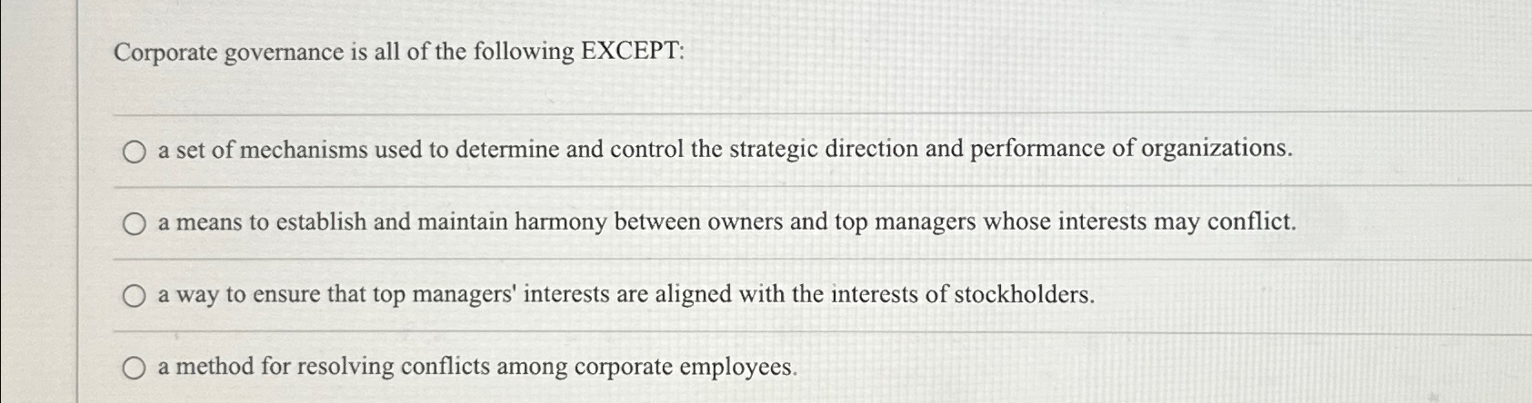 Solved Corporate governance is all of the following EXCEPT:a 
