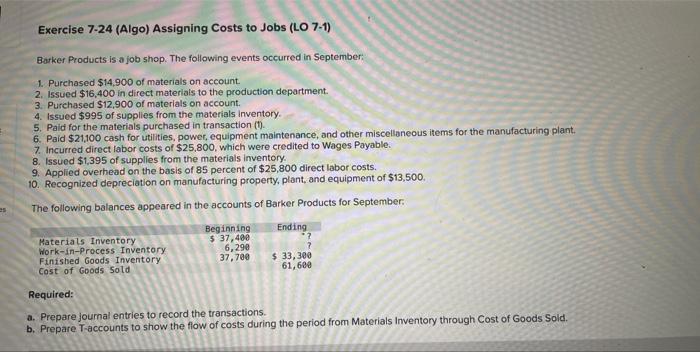 Solved Exercise 7-24 (Algo) Assigning Costs to Jobs (LO 7-1) | Chegg.com