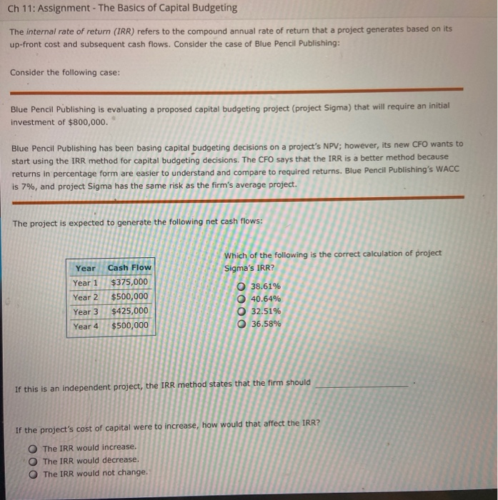 Solved Ch 11: Assignment - The Basics of Capital Budgeting | Chegg.com