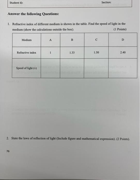 Solved Student ID: Section: Answer the following Questions: | Chegg.com