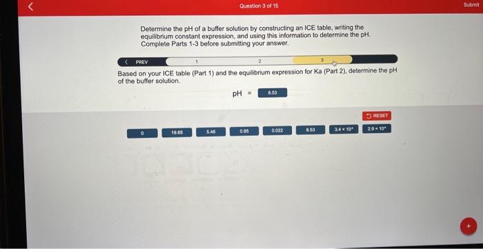 Determine the \( \mathrm{pH} \) of a buffer solution by constructing an ICE table, writing the equilibrium constant expressio