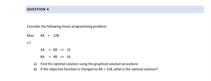 Solved QUESTION 4 Consider the following linear programming | Chegg.com