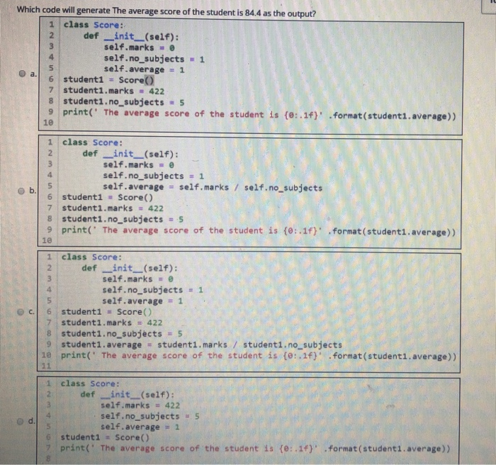 Solved Which code will generate The average score of the | Chegg.com
