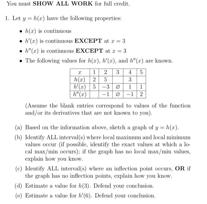 Solved You must SHOW ALL WORK for full credit. 1. Let y=h(2) | Chegg.com