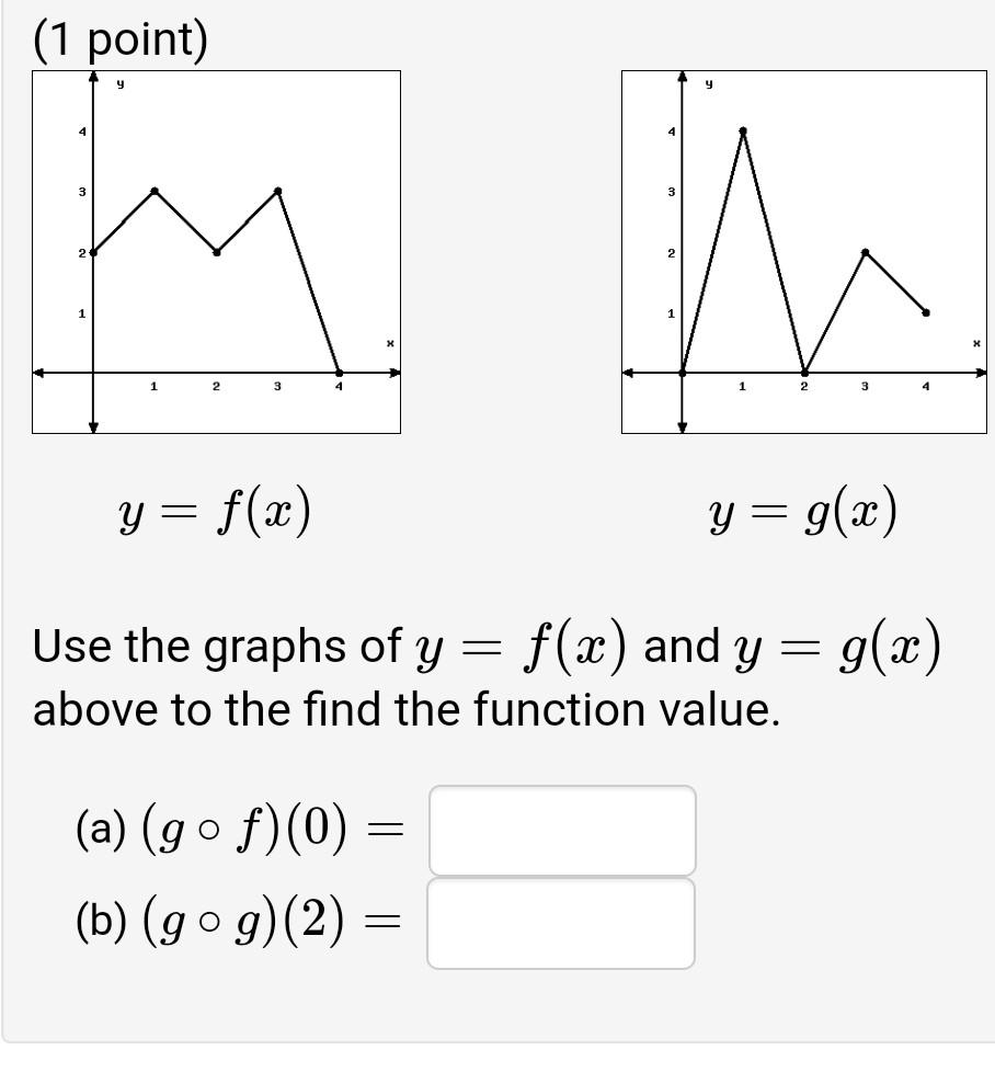 \( y=f(x) \quad y=g(x) \) Use the graphs of \( y=f(x) \) and \( y=g(x) \) above to the find the function value. (a) \( (g \ci