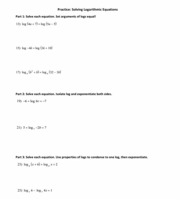 Solved Practice: Solving Logarithmic Equations Part 1: Solve | Chegg.com