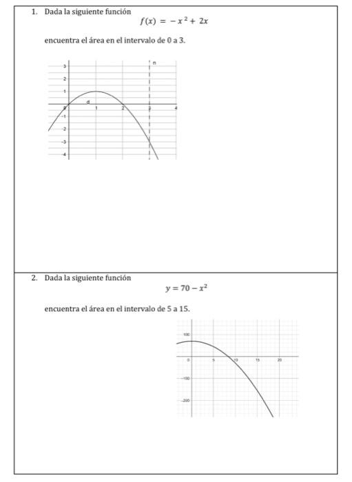 1. Dada la siguiente función \[ f(x)=-x^{2}+2 x \] encuentra el área en el intervalo de 0 a 3. 2. Dada la siguiente función \