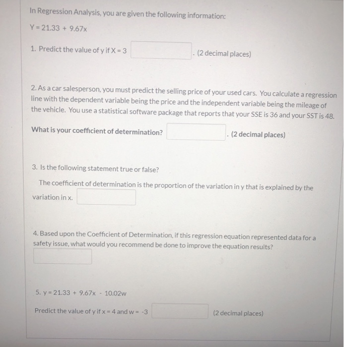 Solved In Regression Analysis, you are given the following | Chegg.com
