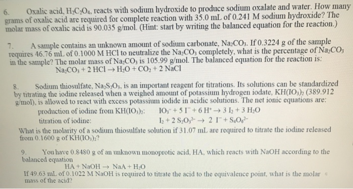 Solved 6 Oxalic Acid H C204 Reacts With Sodium Hydroxide