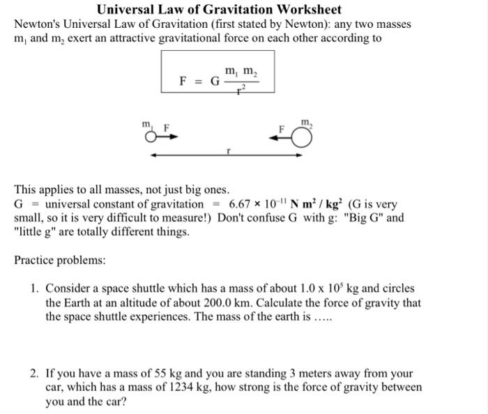 Solved Universal Law of Gravitation Worksheet Newton's | Chegg.com