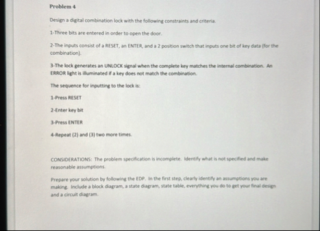 Problem 4Design a digital combination lock with the | Chegg.com