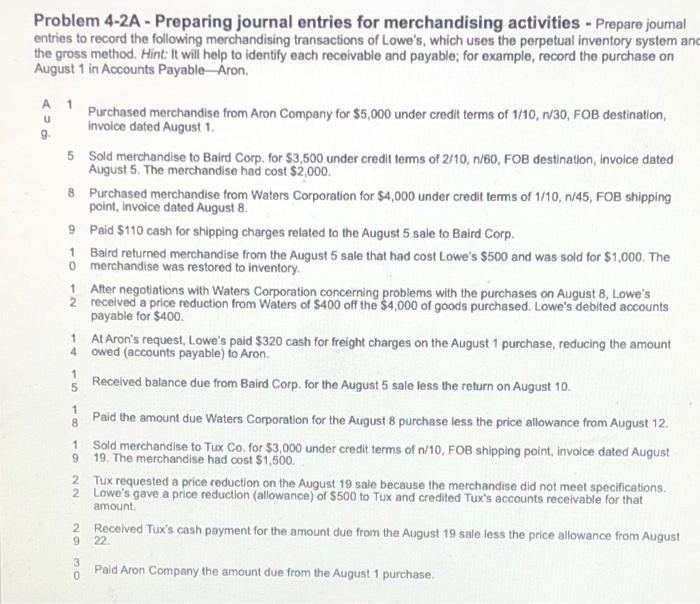 Solved Феъ Problem 4-2A - Preparing journal entries for | Chegg.com