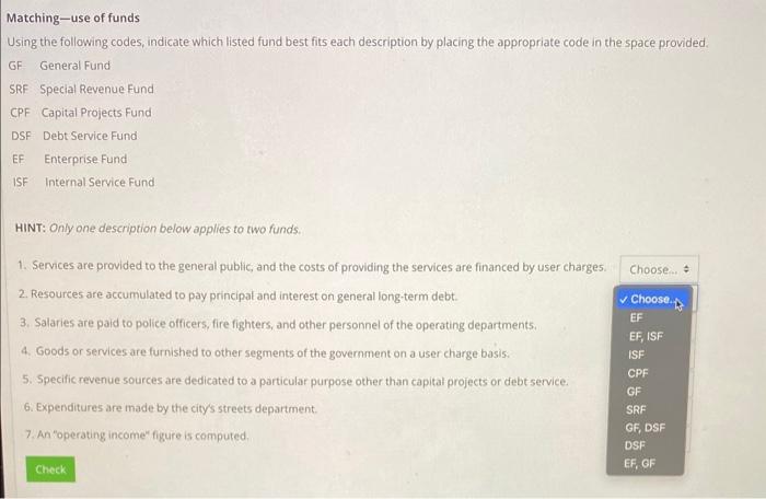 Solved Matching-use of funds Using the following codes, | Chegg.com