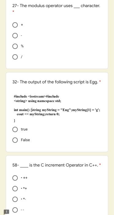 Solved 27- The modulus operator uses __ character. 32- The | Chegg.com