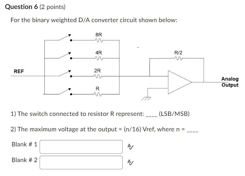 For the binary weighted D/A converter circuit shown below:
1) The switch connected to resistor \( R \) represent: (LSB/MSB)
2