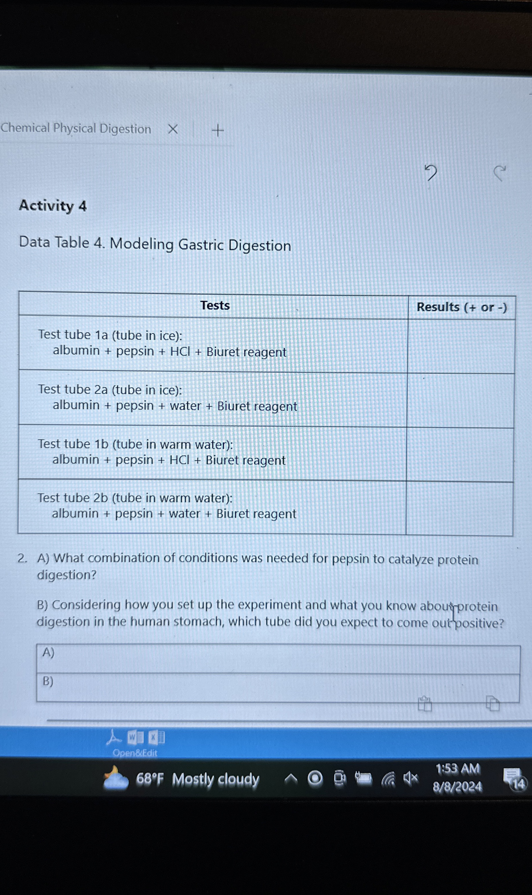 Solved Chemical Physical Digestion7Activity 4Data Table 4. | Chegg.com