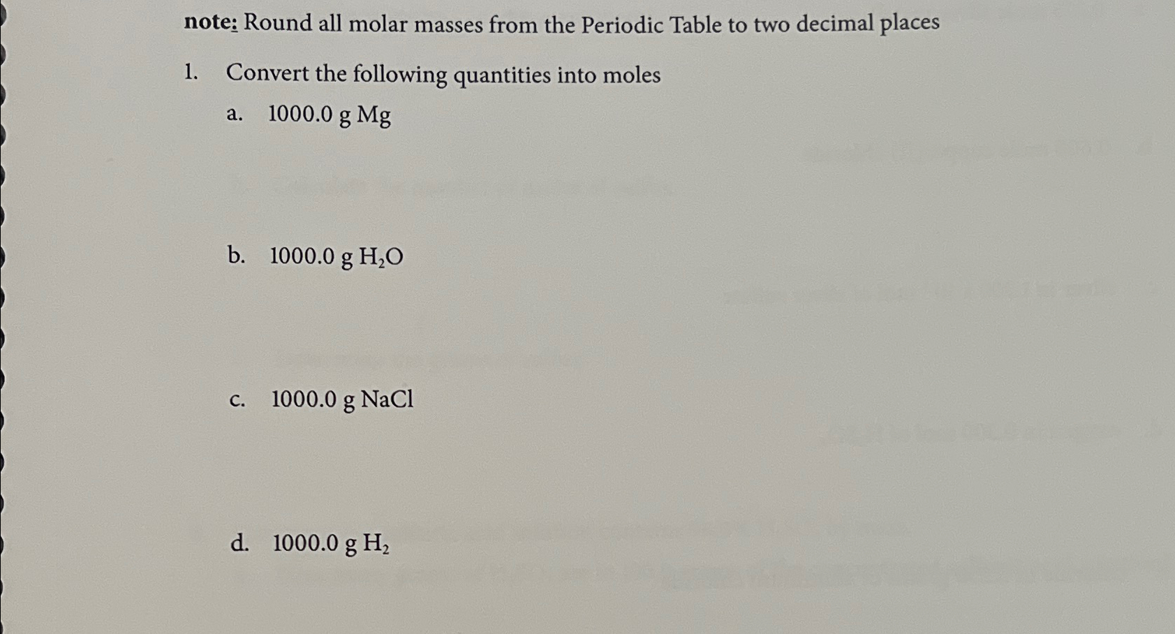 Solved Note Round All Molar Masses From The Periodic Table 9305