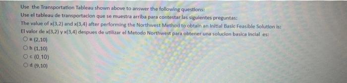 Use the Transportation Tableau shown above to answer the following questions: Use el tableau de transportacion que se muestra