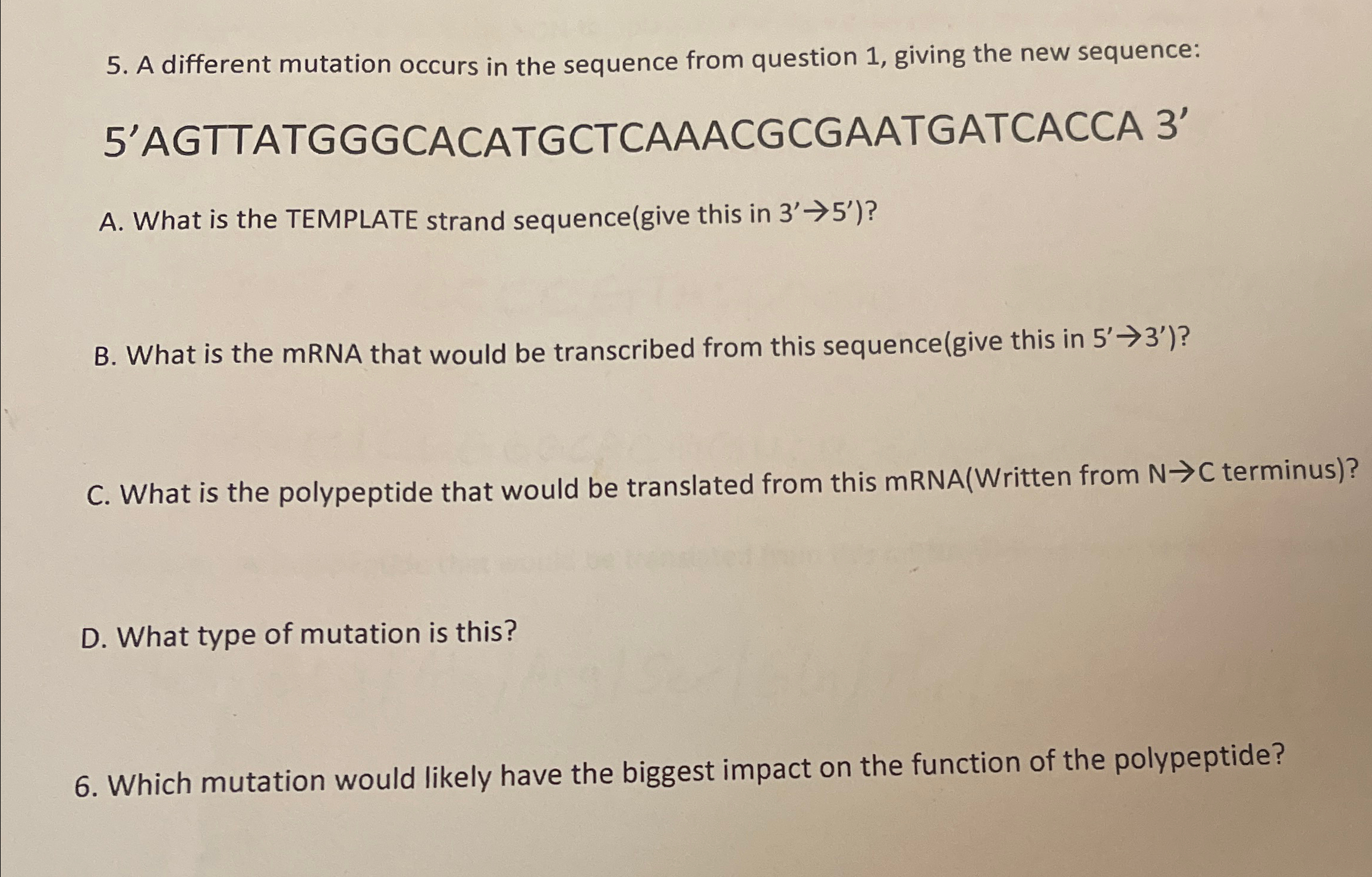 Solved A different mutation occurs in the sequence from | Chegg.com