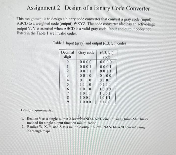 Assignment 2 Design of a Binary Code Converter This | Chegg.com